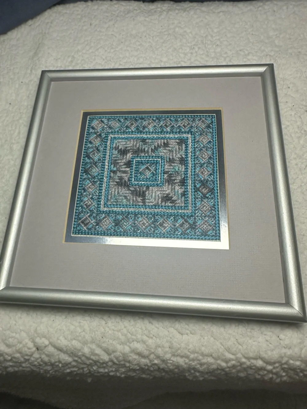 Framed Teal Gray Geometric Yarn Needlepoint Embroidery Wall Art  9 3/4” square